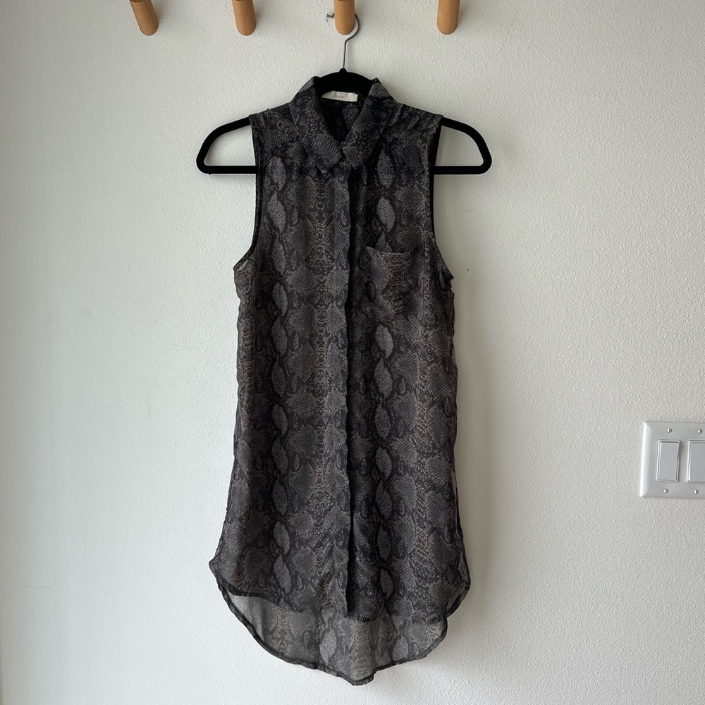 Lush Dark Olive Gray Snake Print Sleeveless Sheer Collared Button-Up Blouse, S